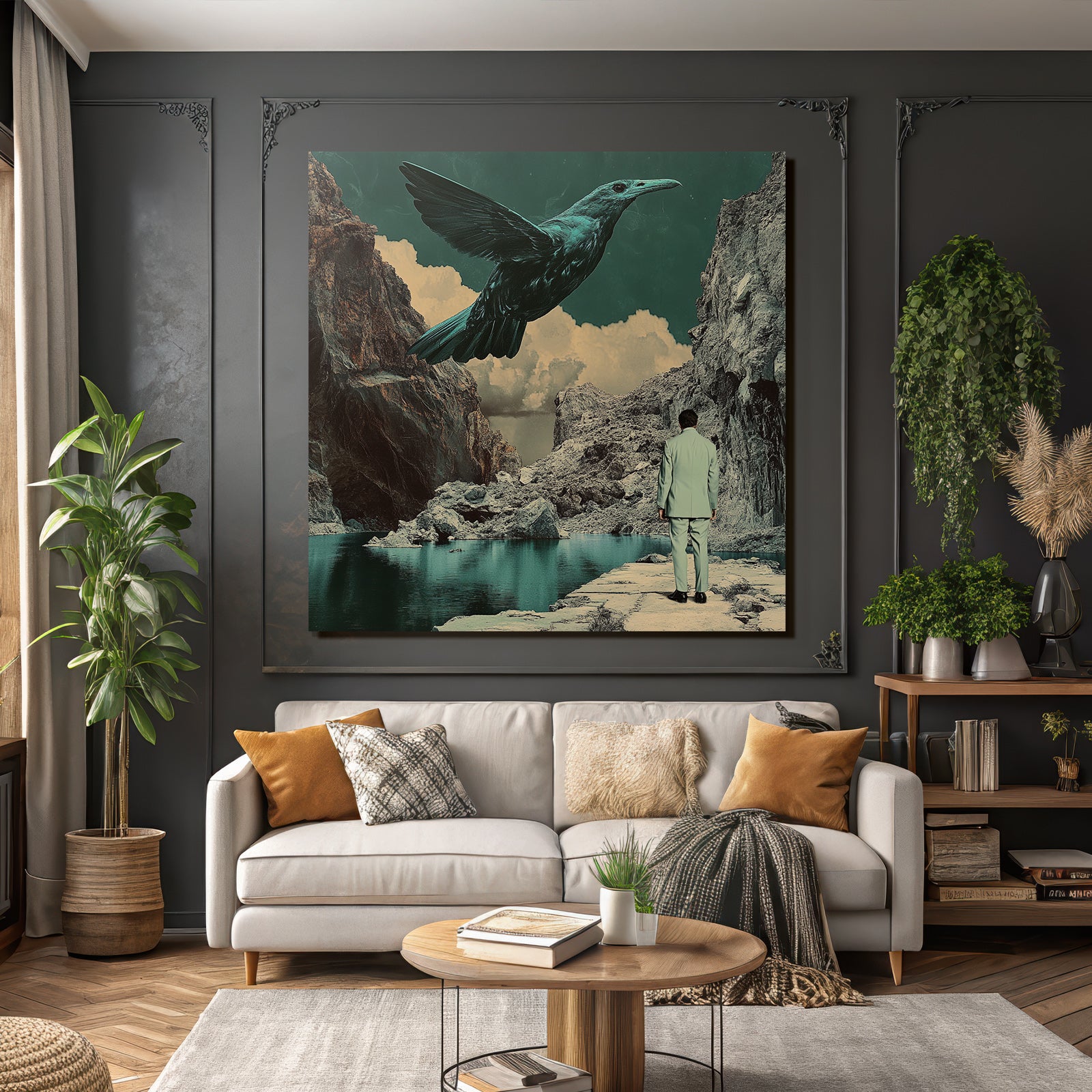 Surreale Vogel Ueber Landschaft Mit Figuren In Anzug
