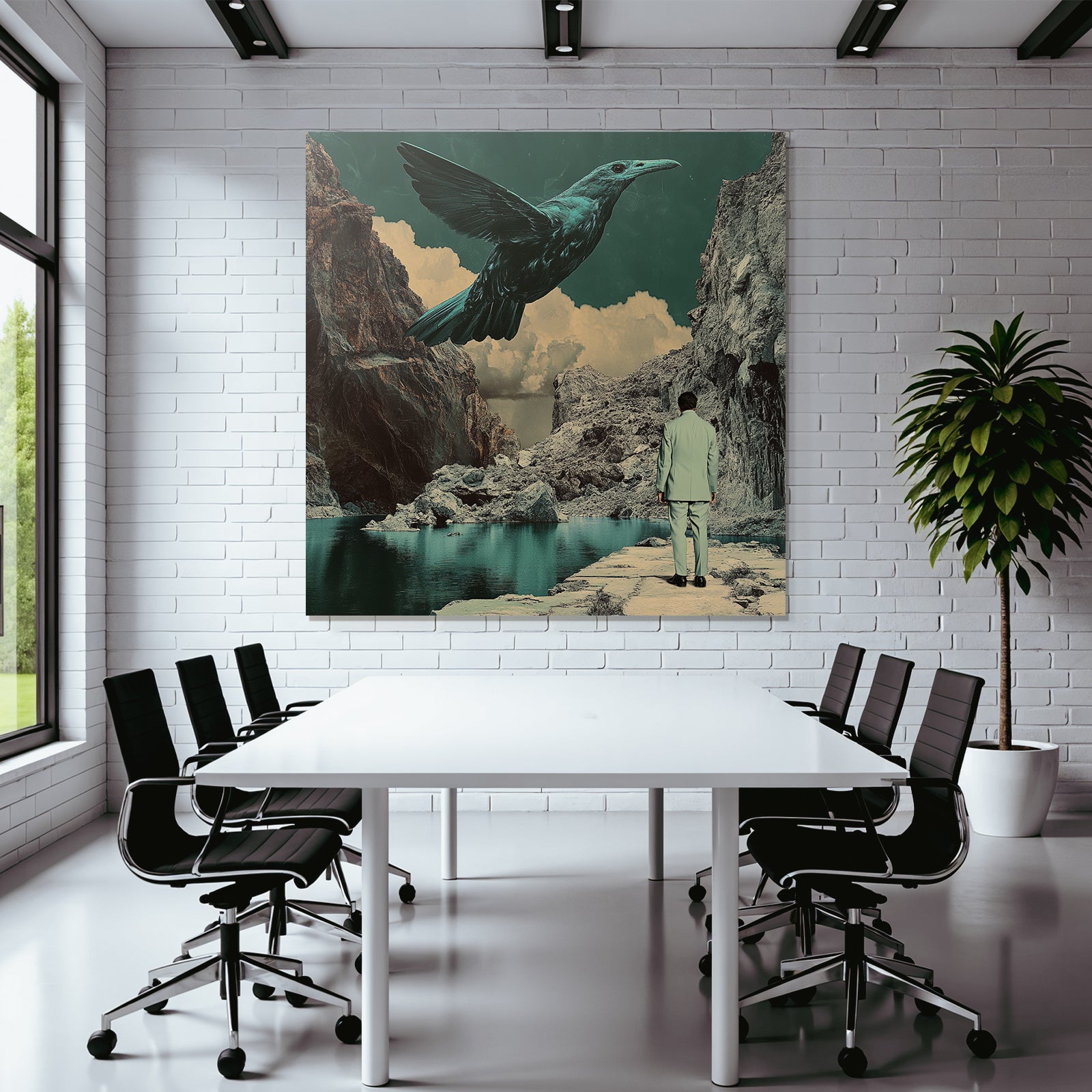 Surreale Vogel Ueber Landschaft Mit Figuren In Anzug