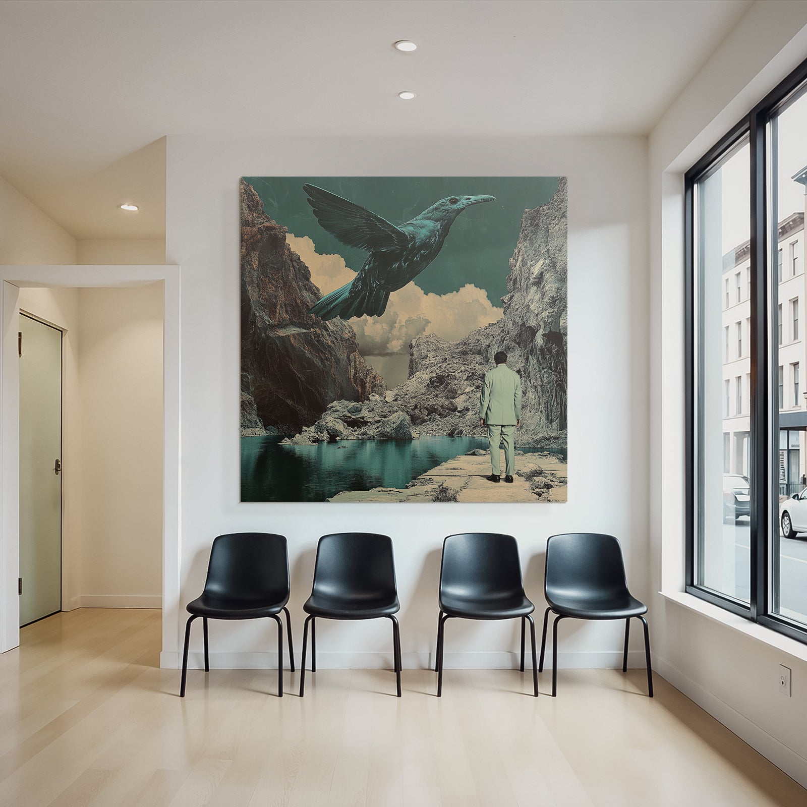 Surreale Vogel Ueber Landschaft Mit Figuren In Anzug