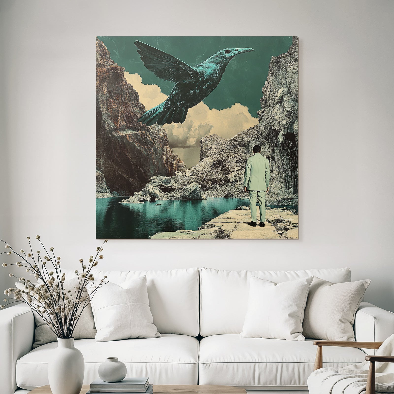 Surreale Vogel Ueber Landschaft Mit Figuren In Anzug