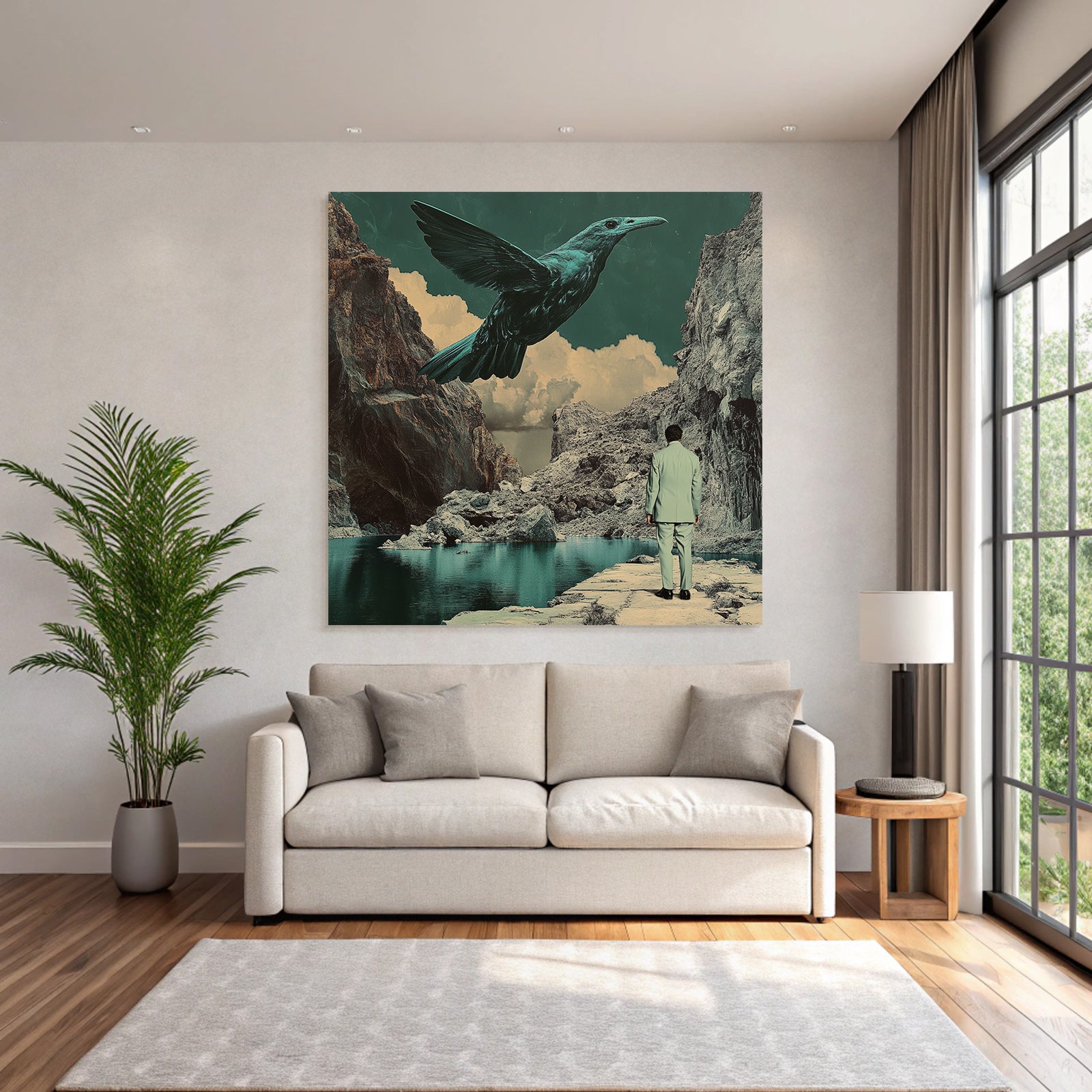 Surreale Vogel Ueber Landschaft Mit Figuren In Anzug