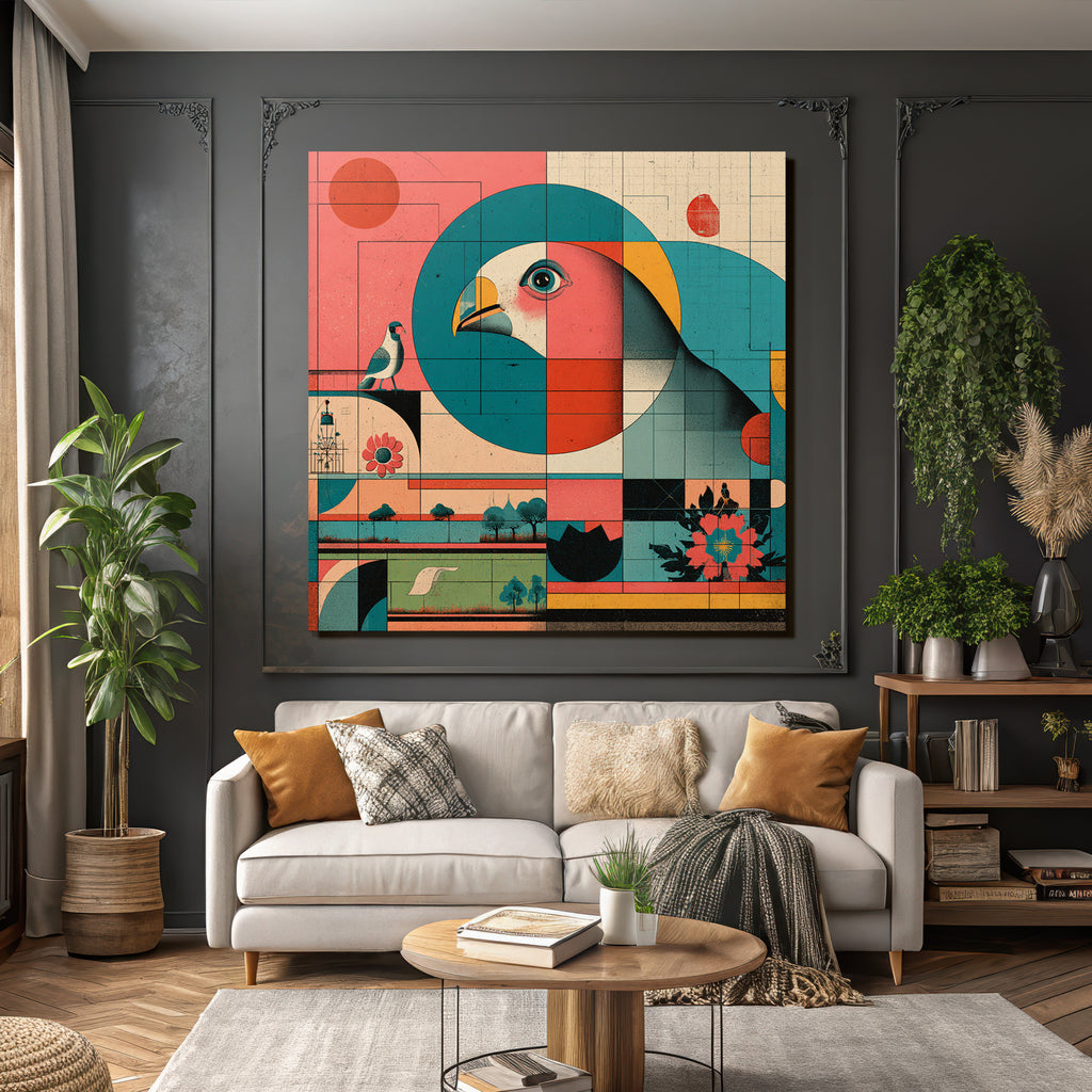 Vibrante Geometrische Naturillustration Mit Voegeln Blumen Und Landschaften
