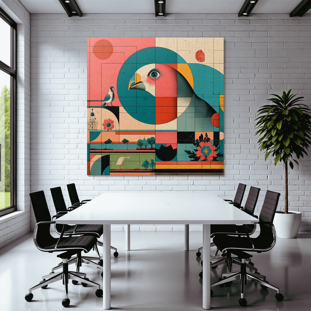 Vibrante Geometrische Naturillustration Mit Voegeln Blumen Und Landschaften