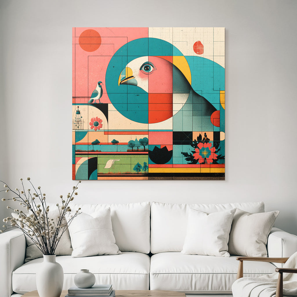 Vibrante Geometrische Naturillustration Mit Voegeln Blumen Und Landschaften