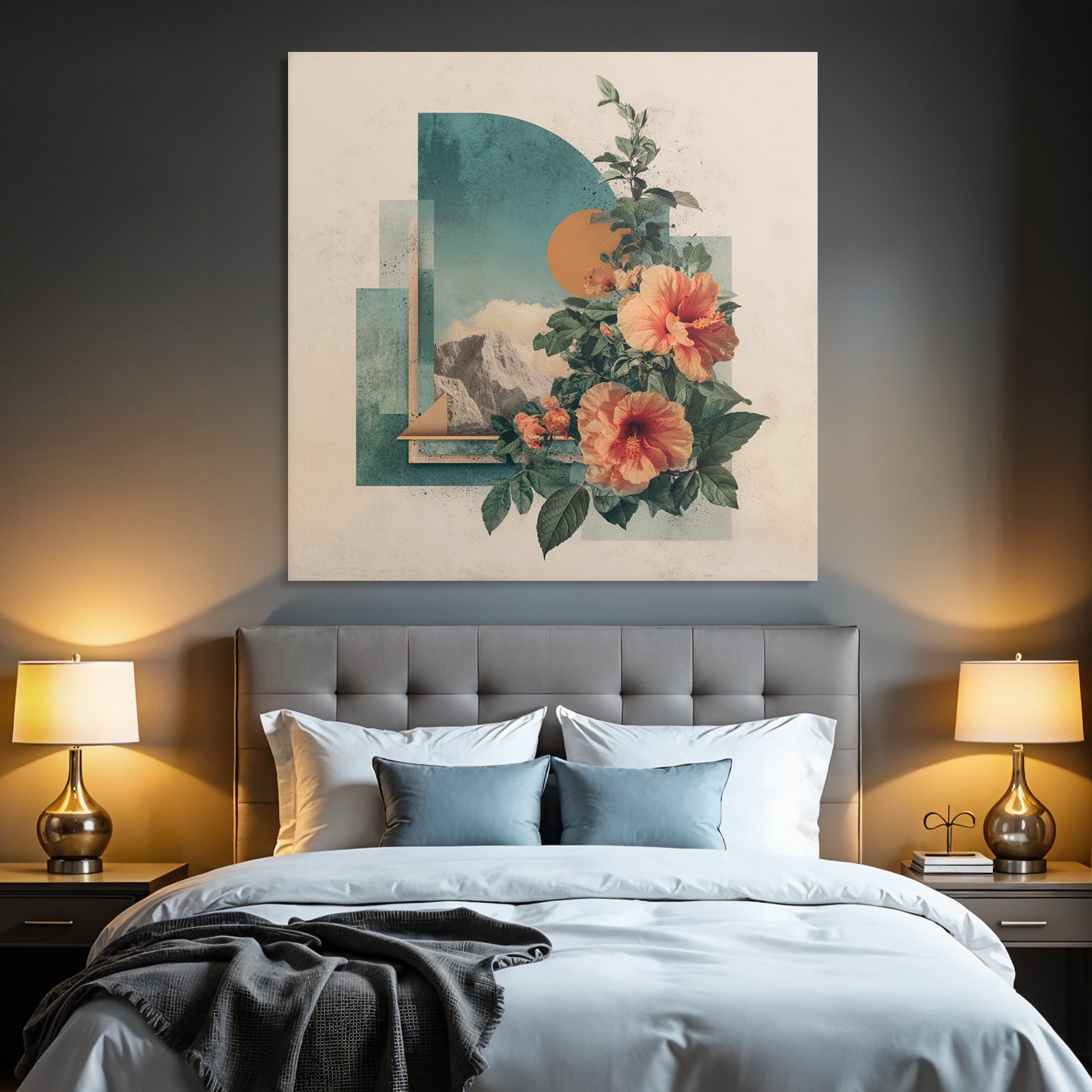 Vibrante Hibiskusblumen Geometrisches Design Mit Bergen Und Wolken