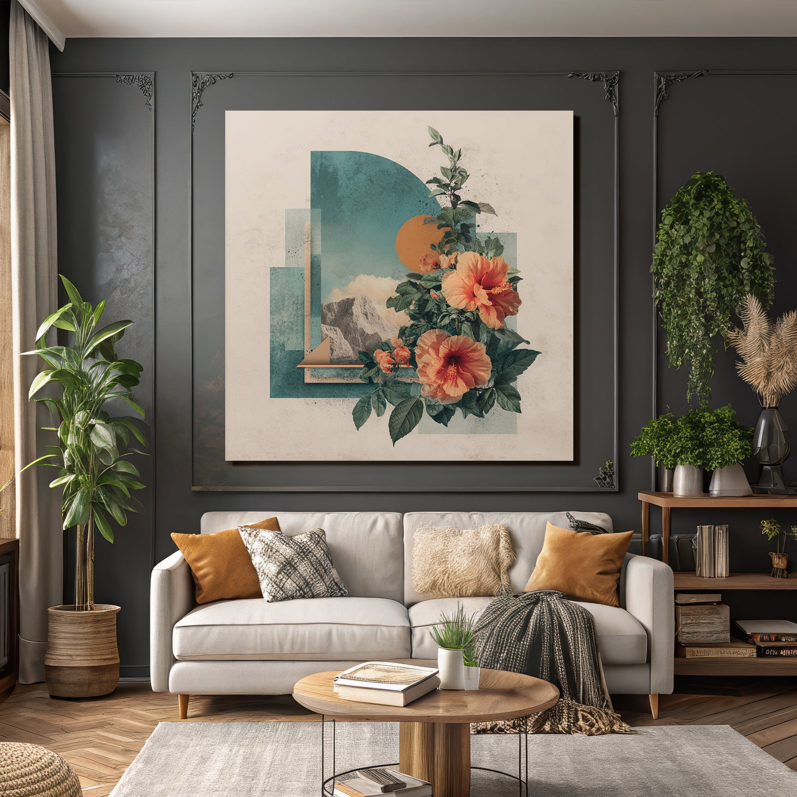 Vibrante Hibiskusblumen Geometrisches Design Mit Bergen Und Wolken