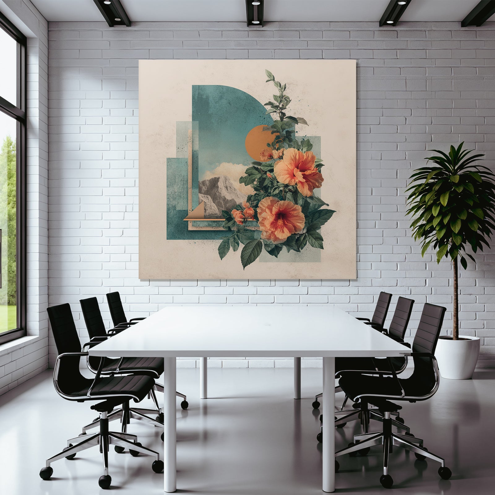 Vibrante Hibiskusblumen Geometrisches Design Mit Bergen Und Wolken