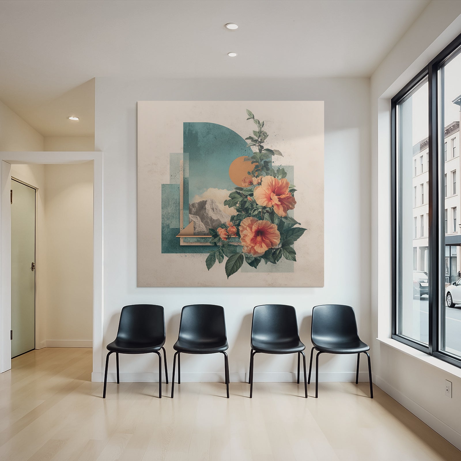 Vibrante Hibiskusblumen Geometrisches Design Mit Bergen Und Wolken
