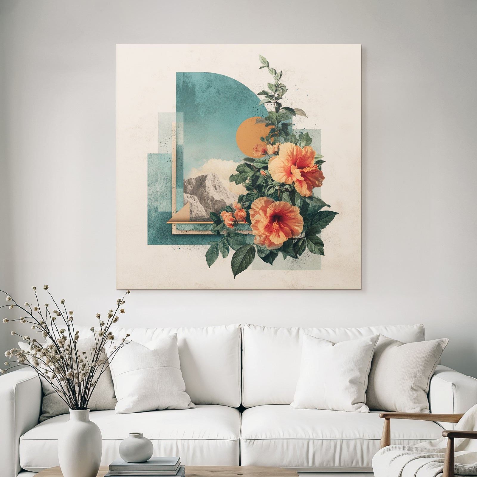 Vibrante Hibiskusblumen Geometrisches Design Mit Bergen Und Wolken