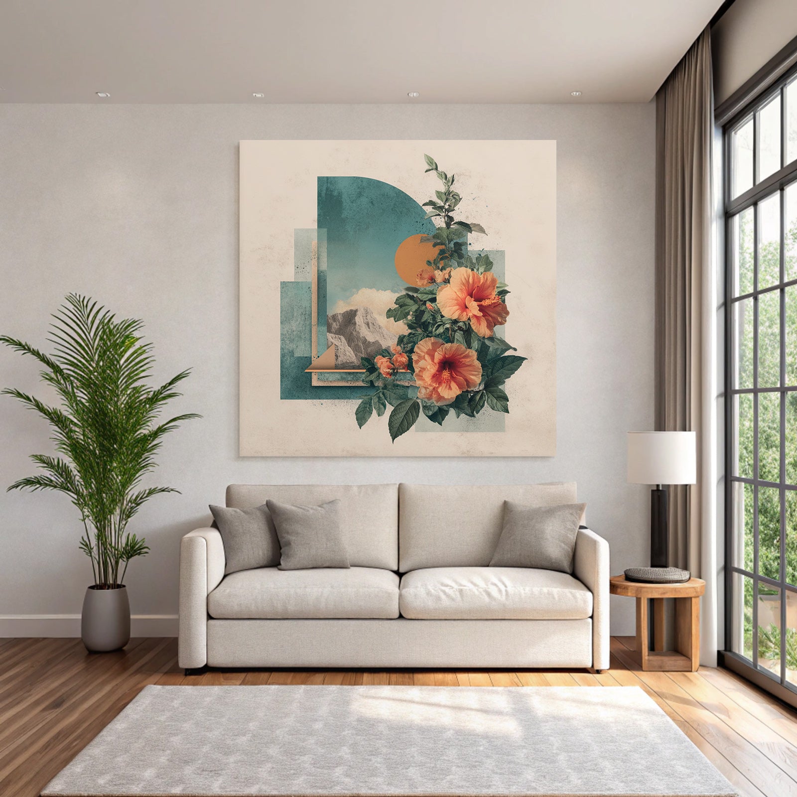 Vibrante Hibiskusblumen Geometrisches Design Mit Bergen Und Wolken
