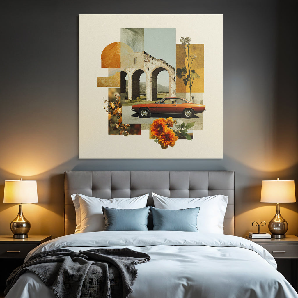 Vintage Auto Architektonische Ruine Orange Blumen Geometrische Formen