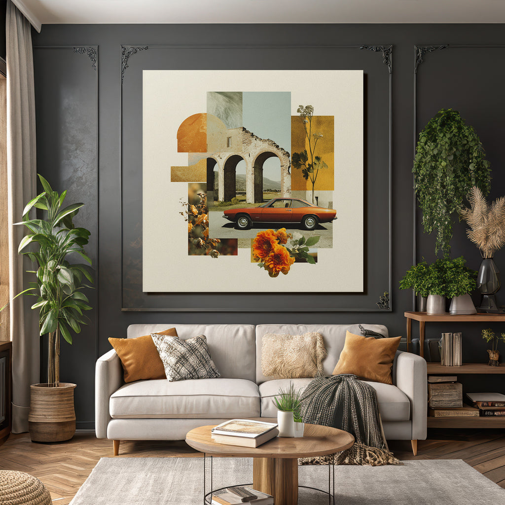 Vintage Auto Architektonische Ruine Orange Blumen Geometrische Formen