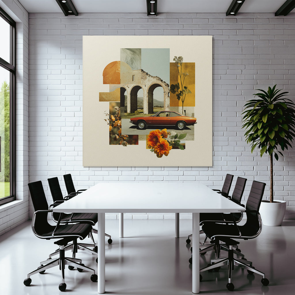 Vintage Auto Architektonische Ruine Orange Blumen Geometrische Formen