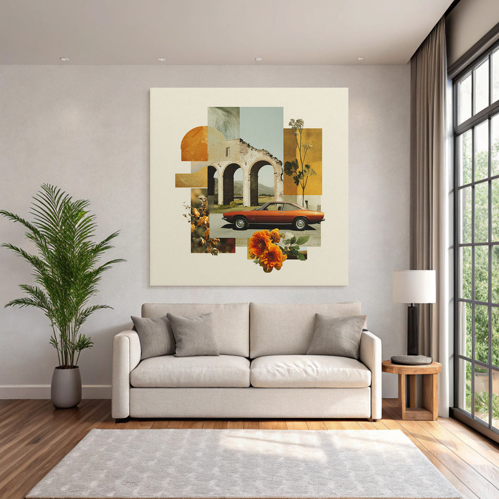 Vintage Auto Architektonische Ruine Orange Blumen Geometrische Formen