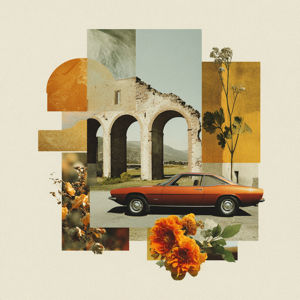 Vintage Auto Architektonische Ruine Orange Blumen Geometrische Formen | Collagen | Kunstgattungen