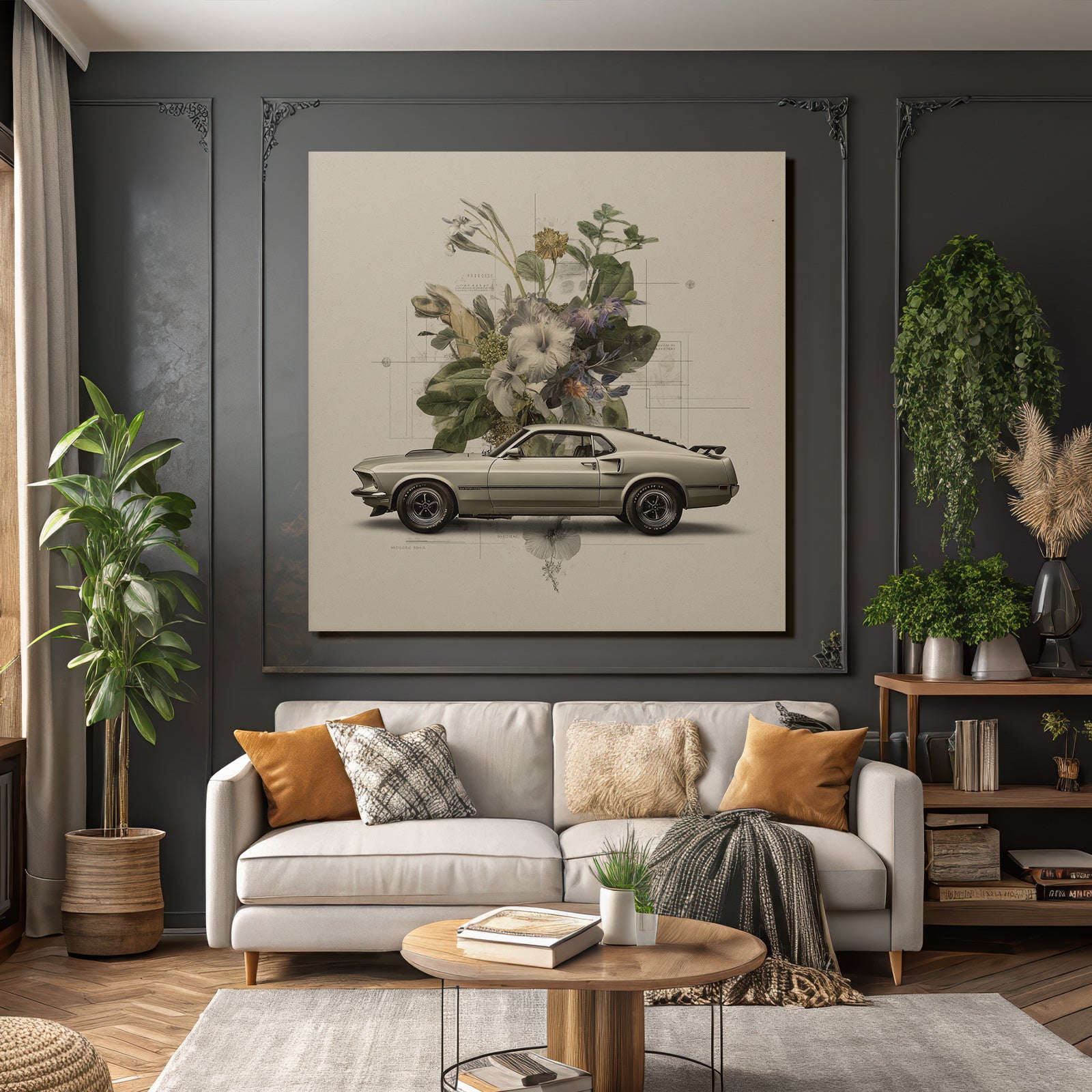 Vintages Auto Und Blumen Anordnung Mit Kunstlerischen Skizzen