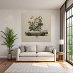 Vintages Auto Und Blumen Anordnung Mit Kunstlerischen Skizzen