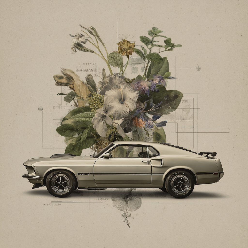 Vintages Auto Und Blumen Anordnung Mit Kunstlerischen Skizzen | Collagen | Kunstgattungen