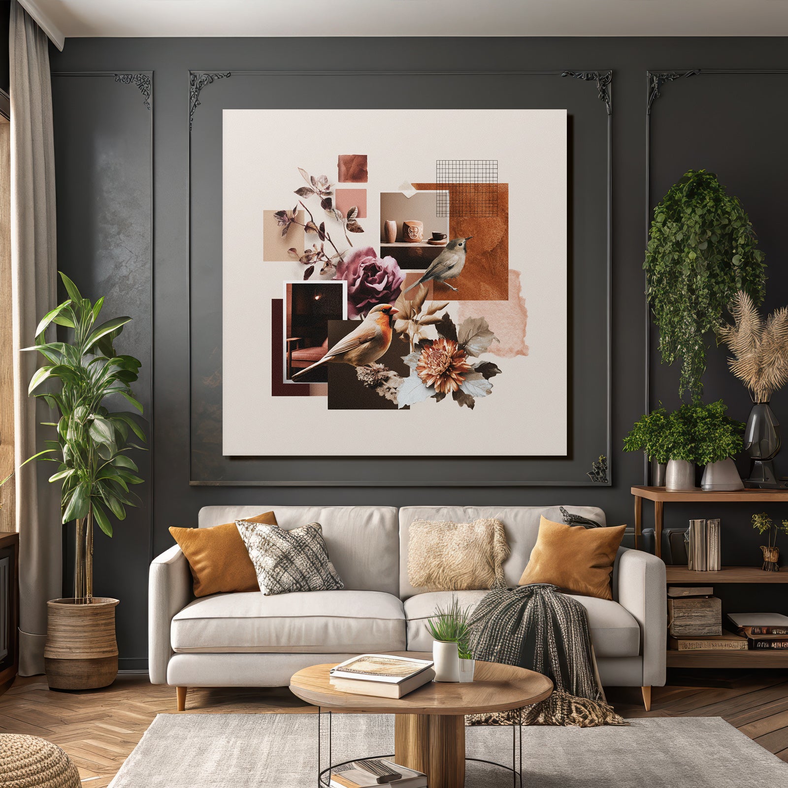 Vogel Blumen Blatter Tassen Collage Modern Kuenstlerisch