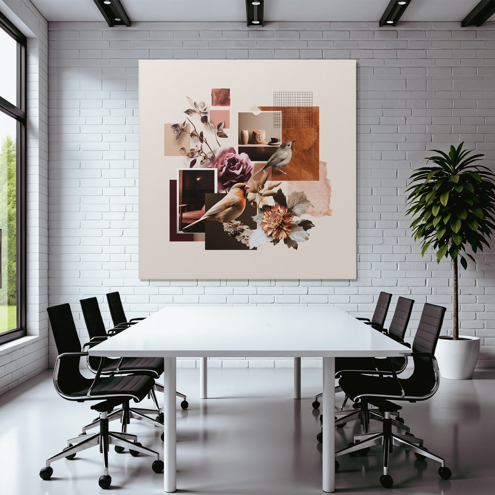 Vogel Blumen Blatter Tassen Collage Modern Kuenstlerisch