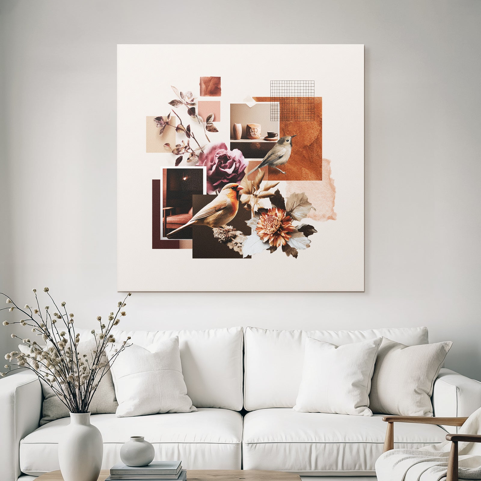 Vogel Blumen Blatter Tassen Collage Modern Kuenstlerisch