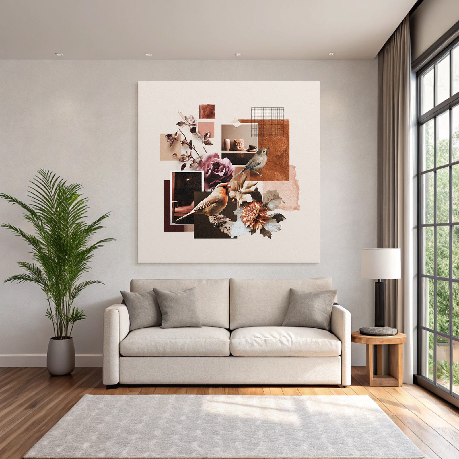 Vogel Blumen Blatter Tassen Collage Modern Kuenstlerisch