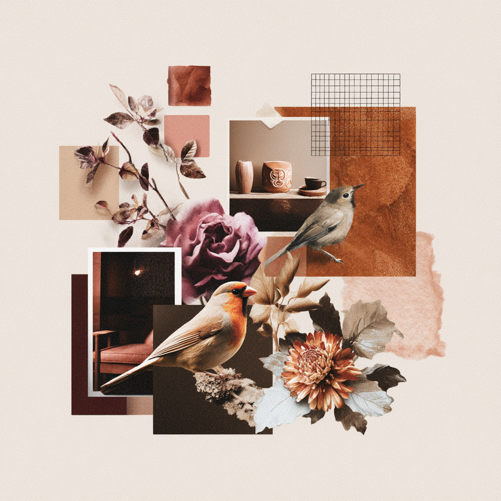 Vogel Blumen Blatter Tassen Collage Modern Kuenstlerisch | Collagen | Kunstgattungen