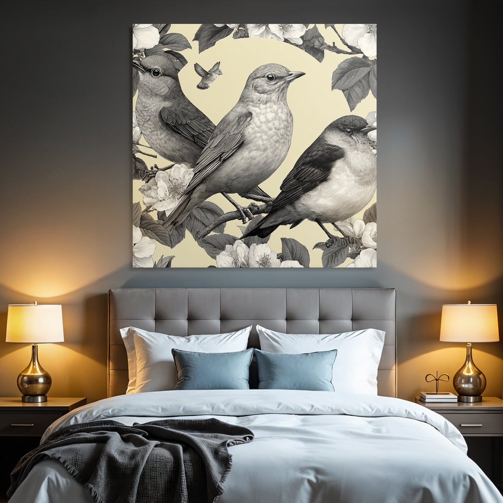 Vogel Pflanzen Muster Monochromatische Illustration