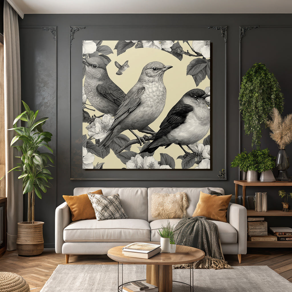 Vogel Pflanzen Muster Monochromatische Illustration