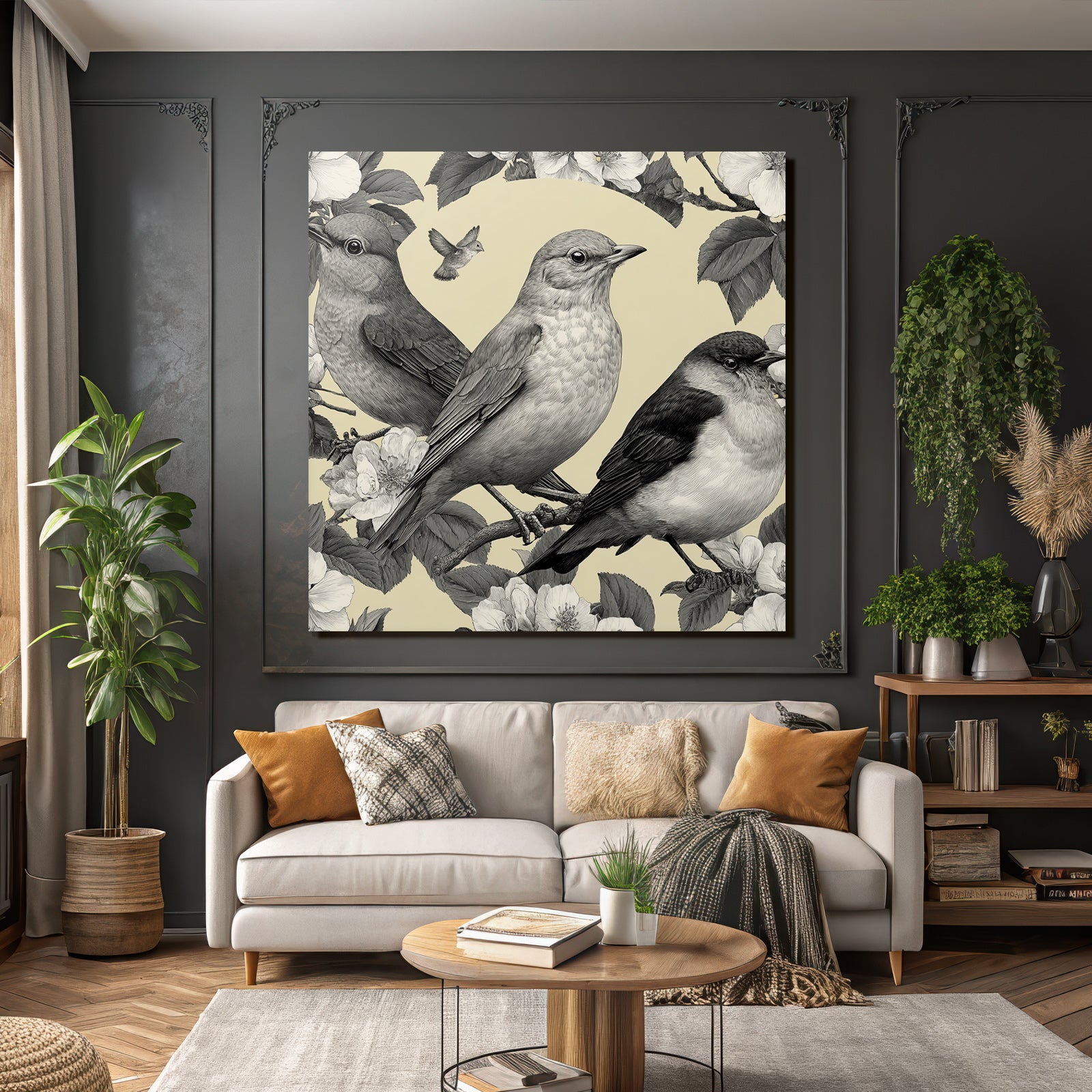 Vogel Pflanzen Muster Monochromatische Illustration