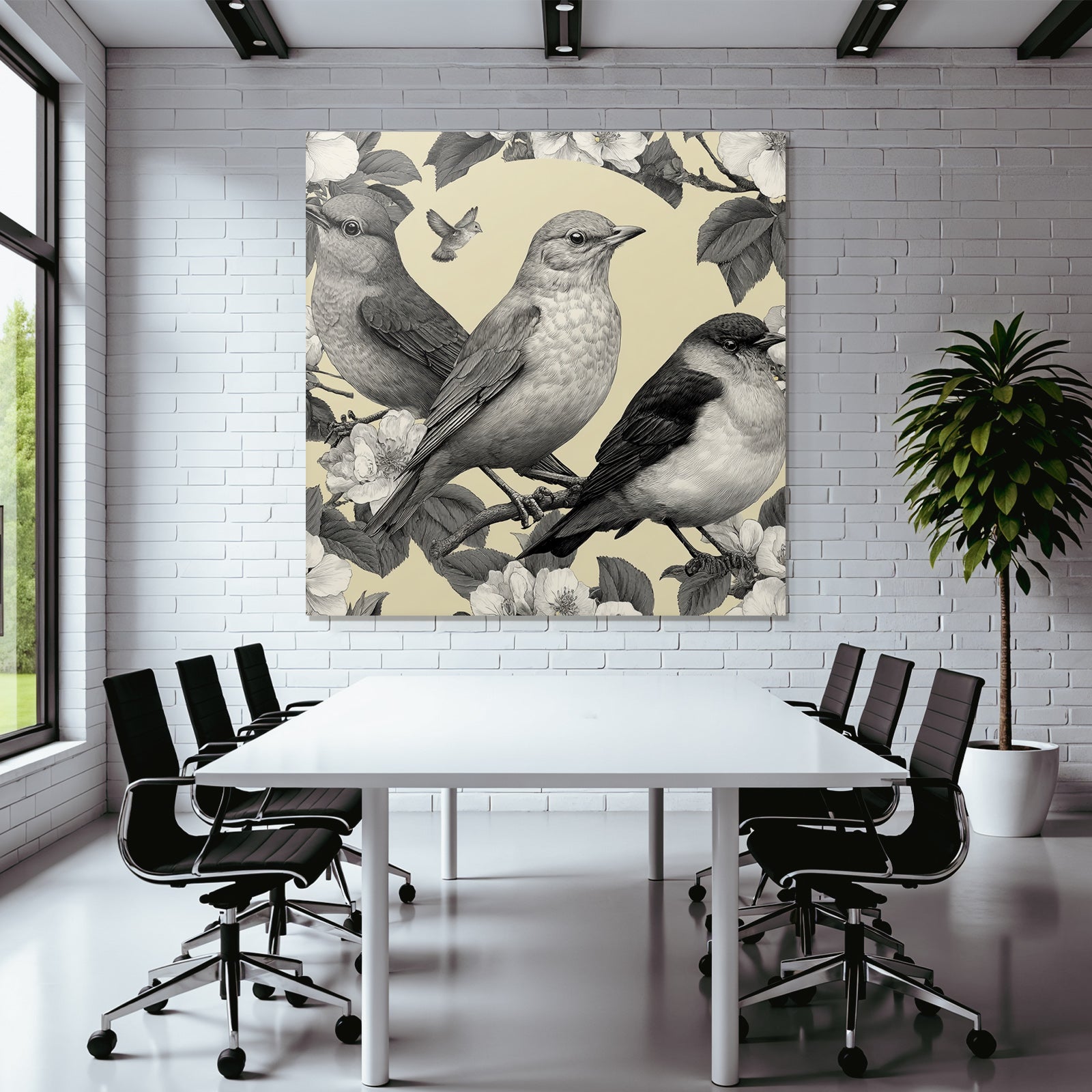 Vogel Pflanzen Muster Monochromatische Illustration