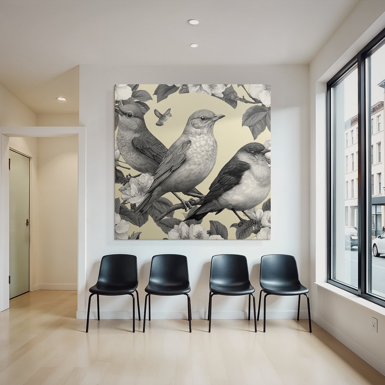 Vogel Pflanzen Muster Monochromatische Illustration