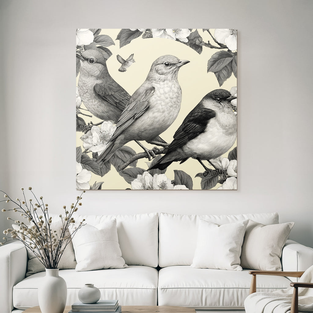 Vogel Pflanzen Muster Monochromatische Illustration