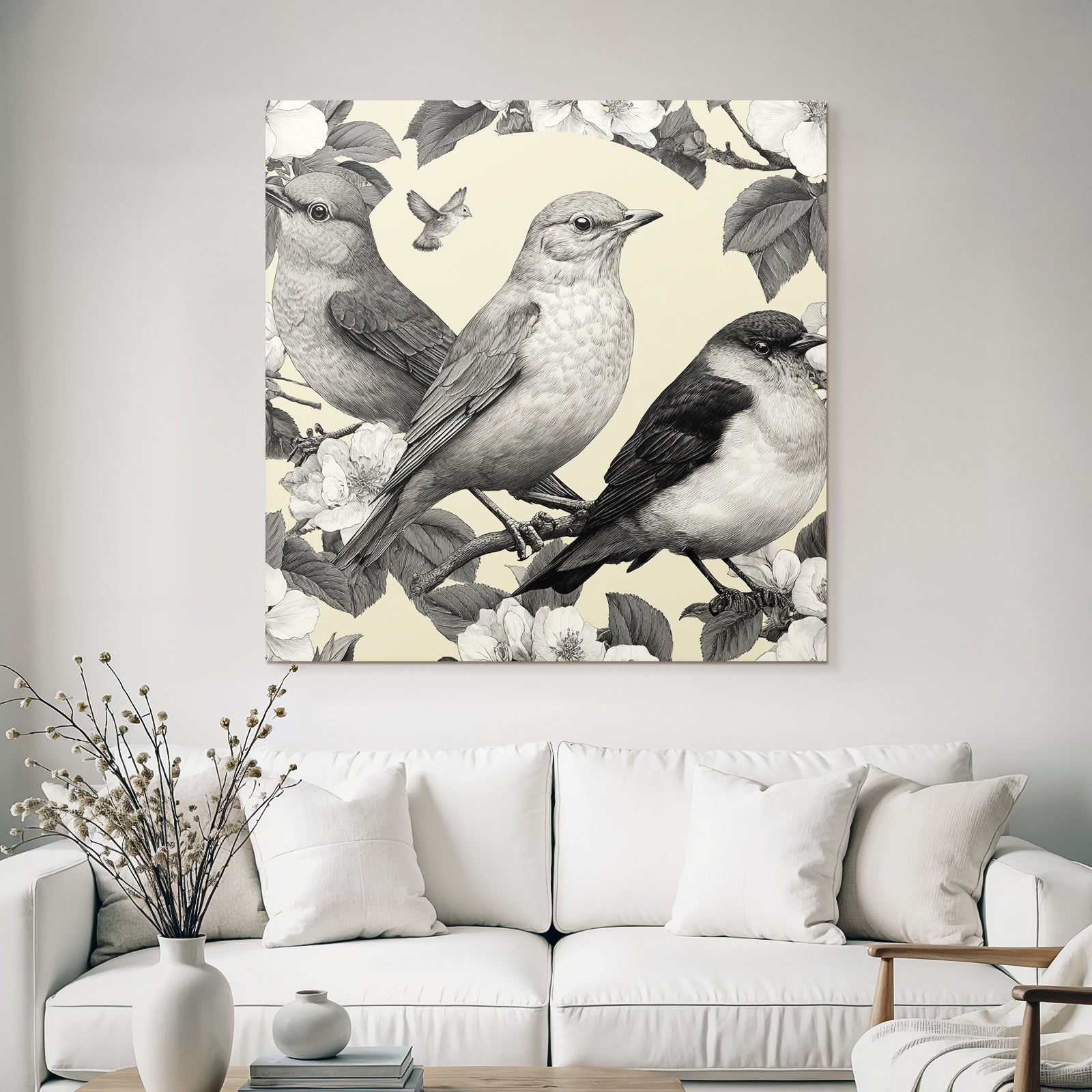 Vogel Pflanzen Muster Monochromatische Illustration