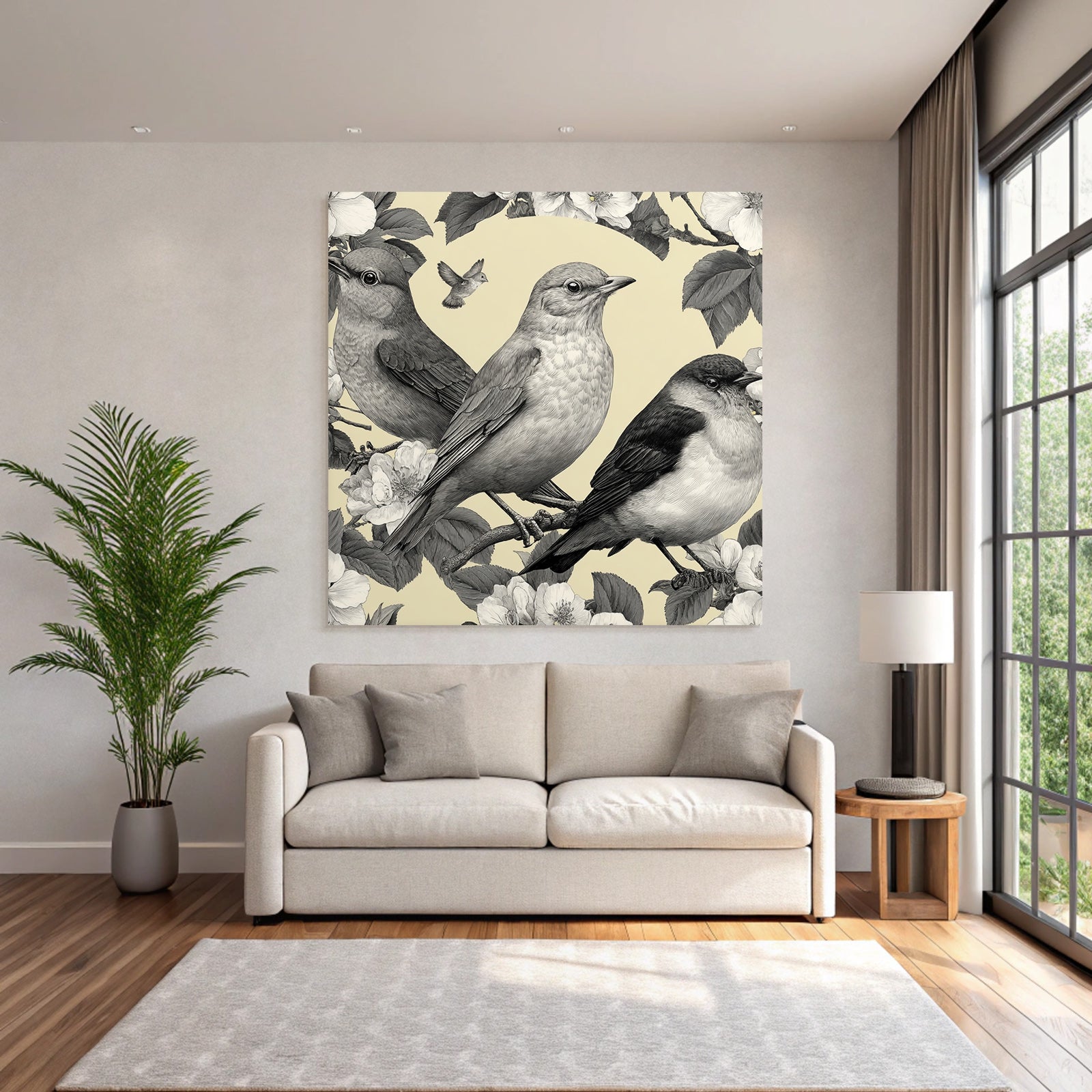 Vogel Pflanzen Muster Monochromatische Illustration