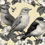 Vogel Pflanzen Muster Monochromatische Illustration | Collagen | Kunstgattungen