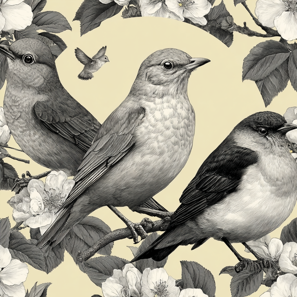 Vogel Pflanzen Muster Monochromatische Illustration | Collagen | Kunstgattungen