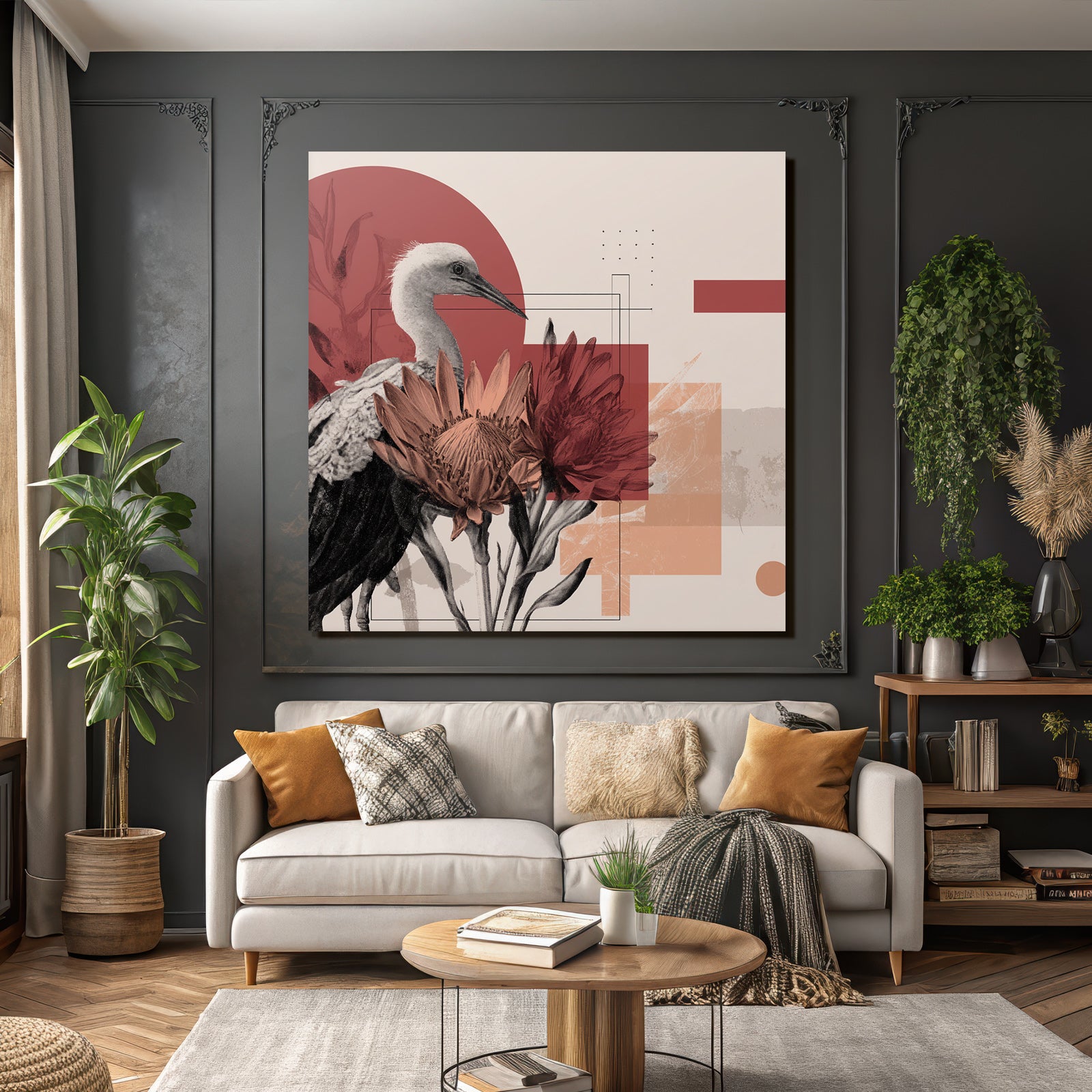 Vogel Und Blumen Digitale Kunst Stilisiert Geometrisches Design