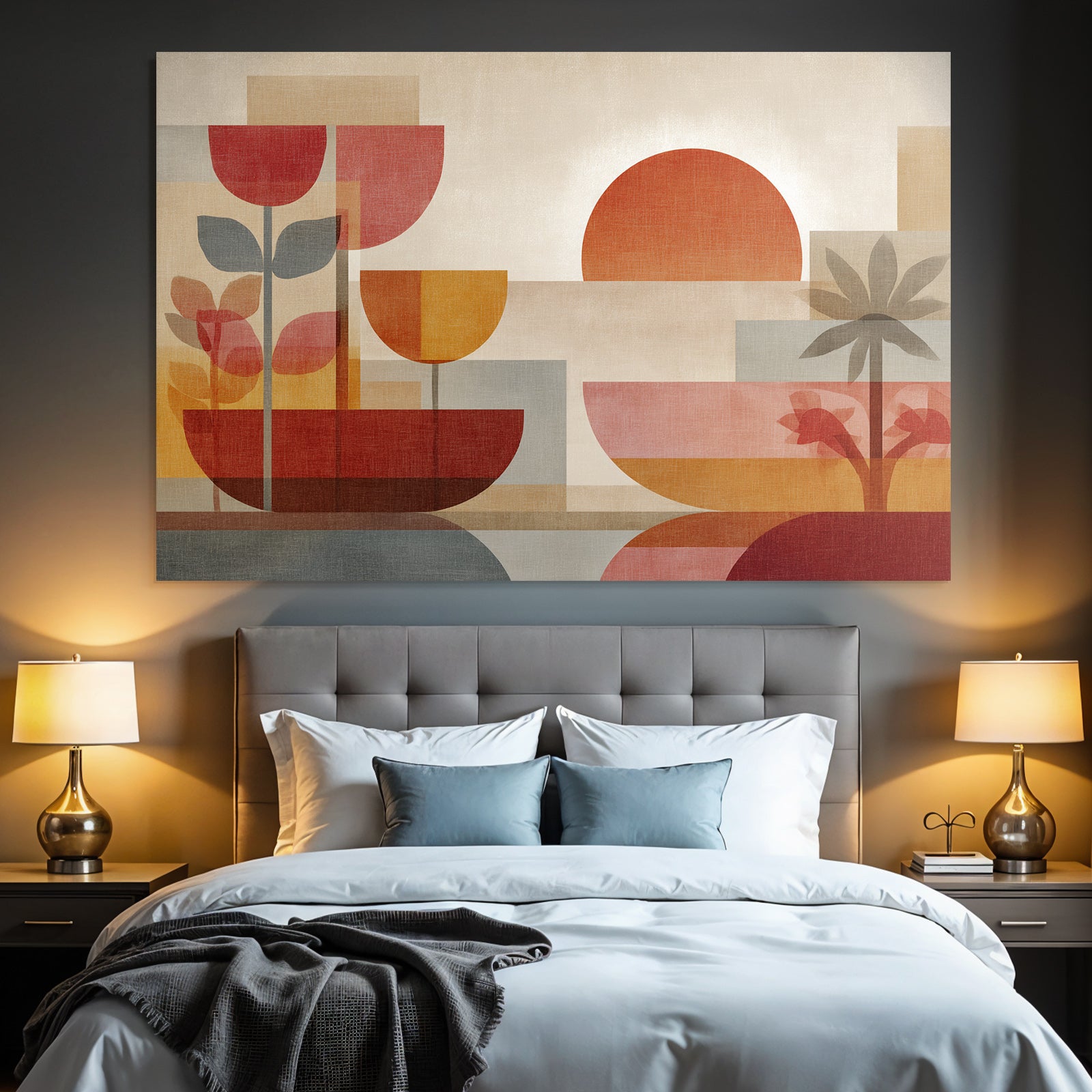 Abstrakte Kunst Geometrische Formen Pflanzen Sonne Warme Farbe