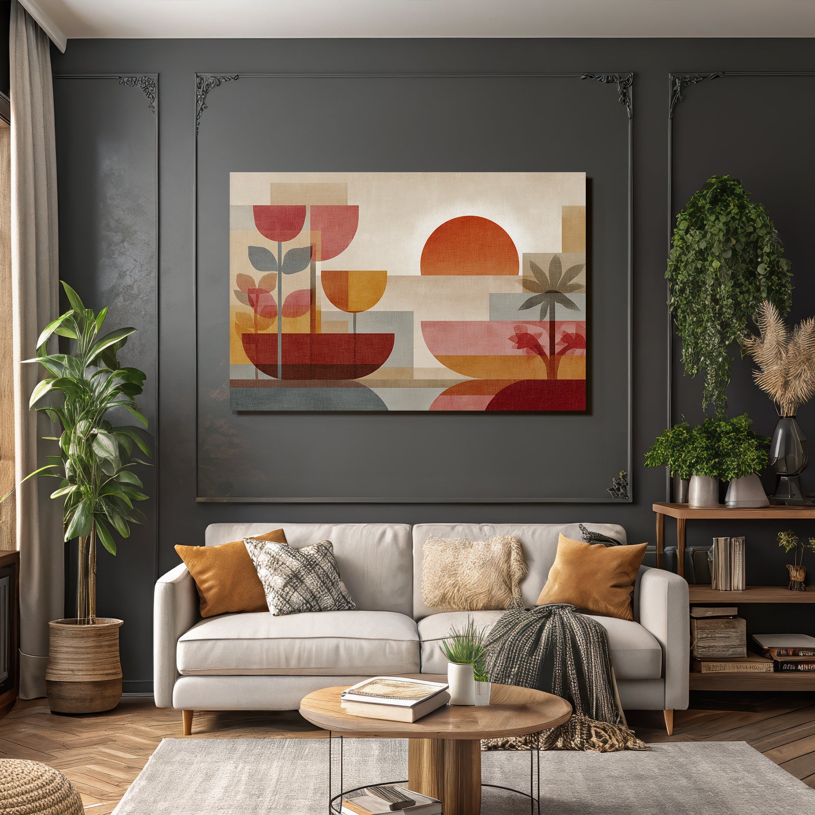 Abstrakte Kunst Geometrische Formen Pflanzen Sonne Warme Farbe
