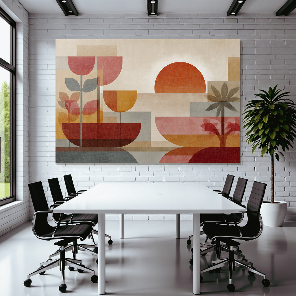 Abstrakte Kunst Geometrische Formen Pflanzen Sonne Warme Farbe