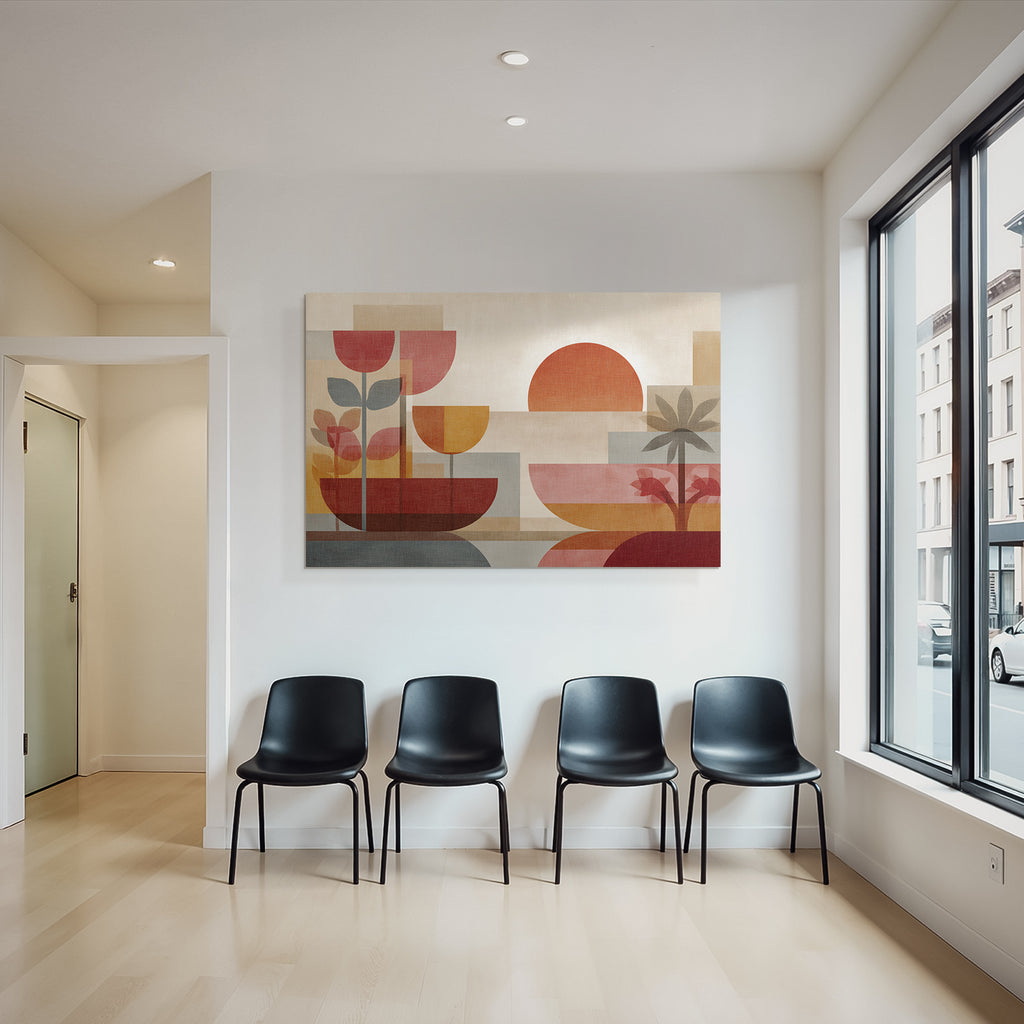 Abstrakte Kunst Geometrische Formen Pflanzen Sonne Warme Farbe