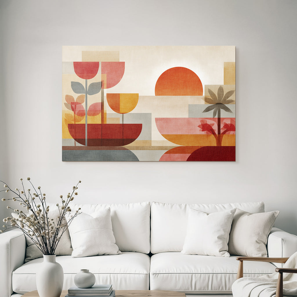 Abstrakte Kunst Geometrische Formen Pflanzen Sonne Warme Farbe