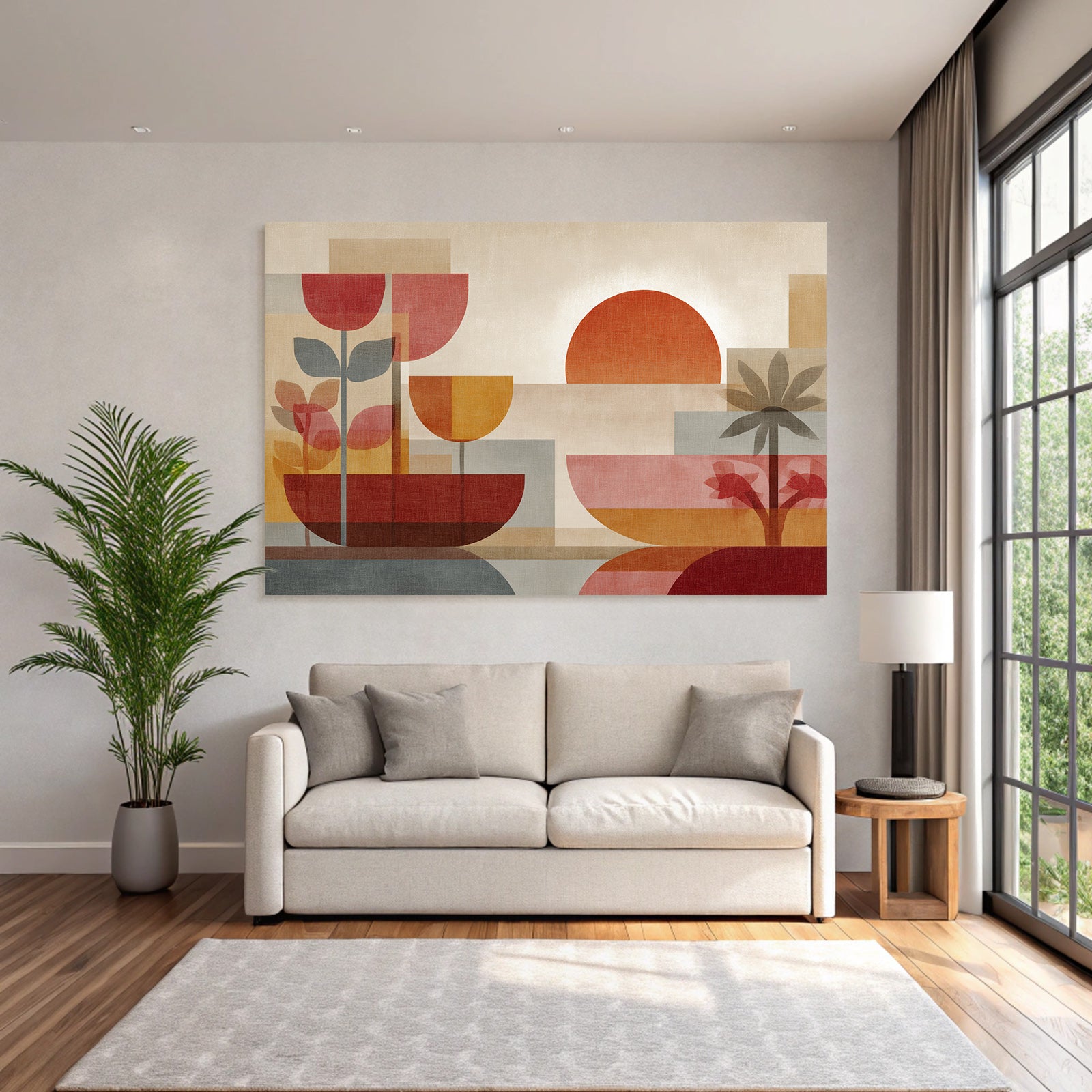 Abstrakte Kunst Geometrische Formen Pflanzen Sonne Warme Farbe