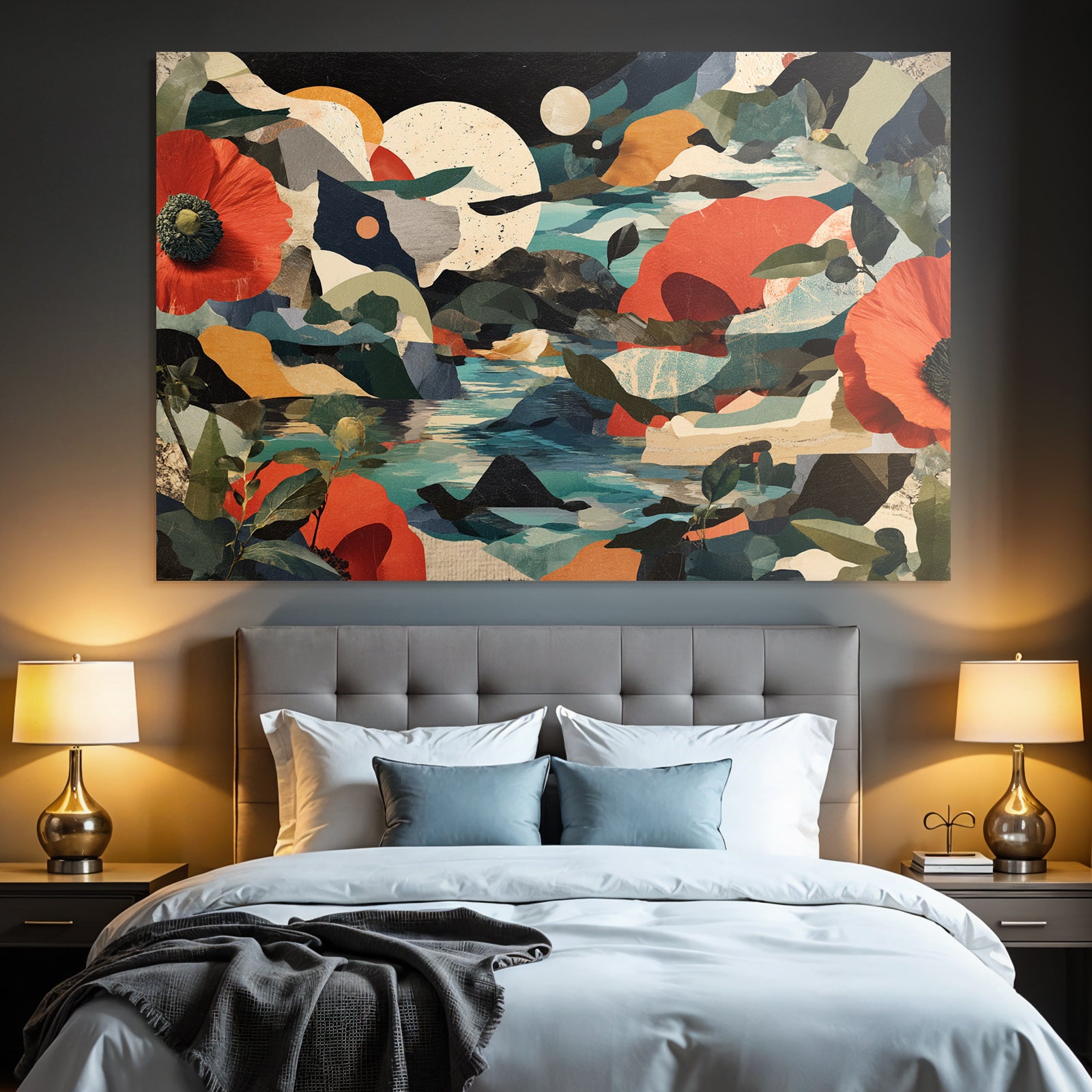 Abstrakte Landschaft Mit Blumen Huegel Und Wasser Kunstwerk