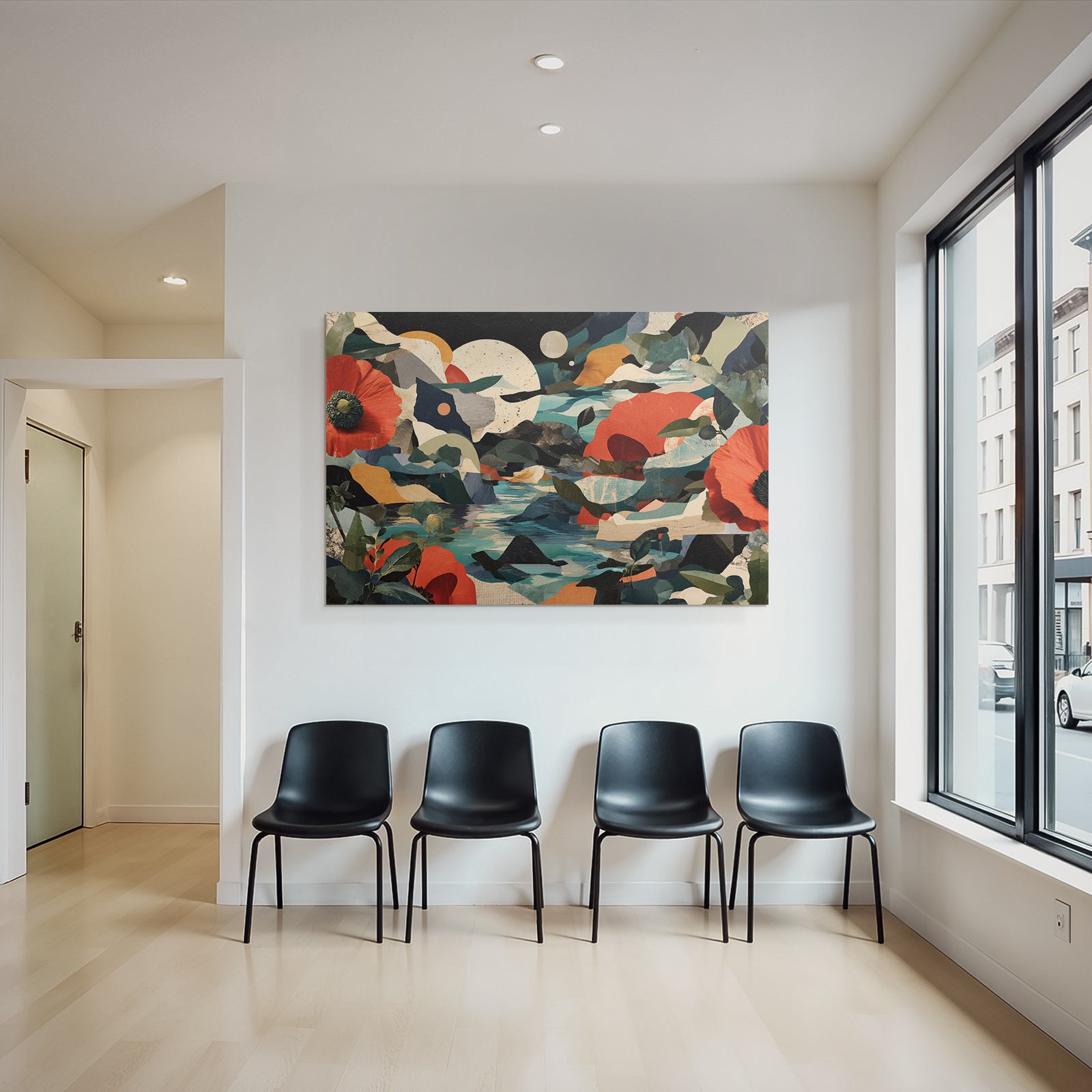 Abstrakte Landschaft Mit Blumen Huegel Und Wasser Kunstwerk