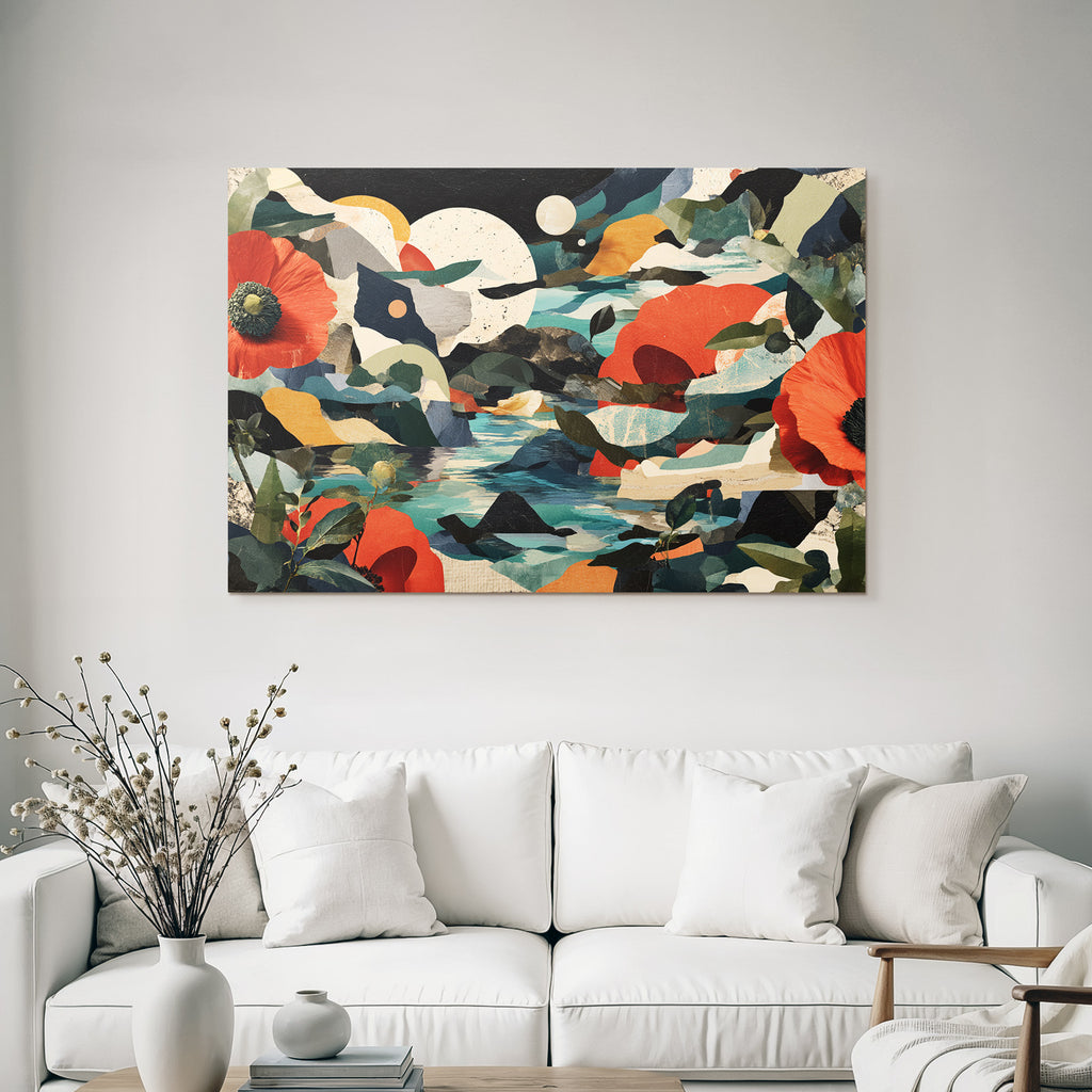 Abstrakte Landschaft Mit Blumen Huegel Und Wasser Kunstwerk