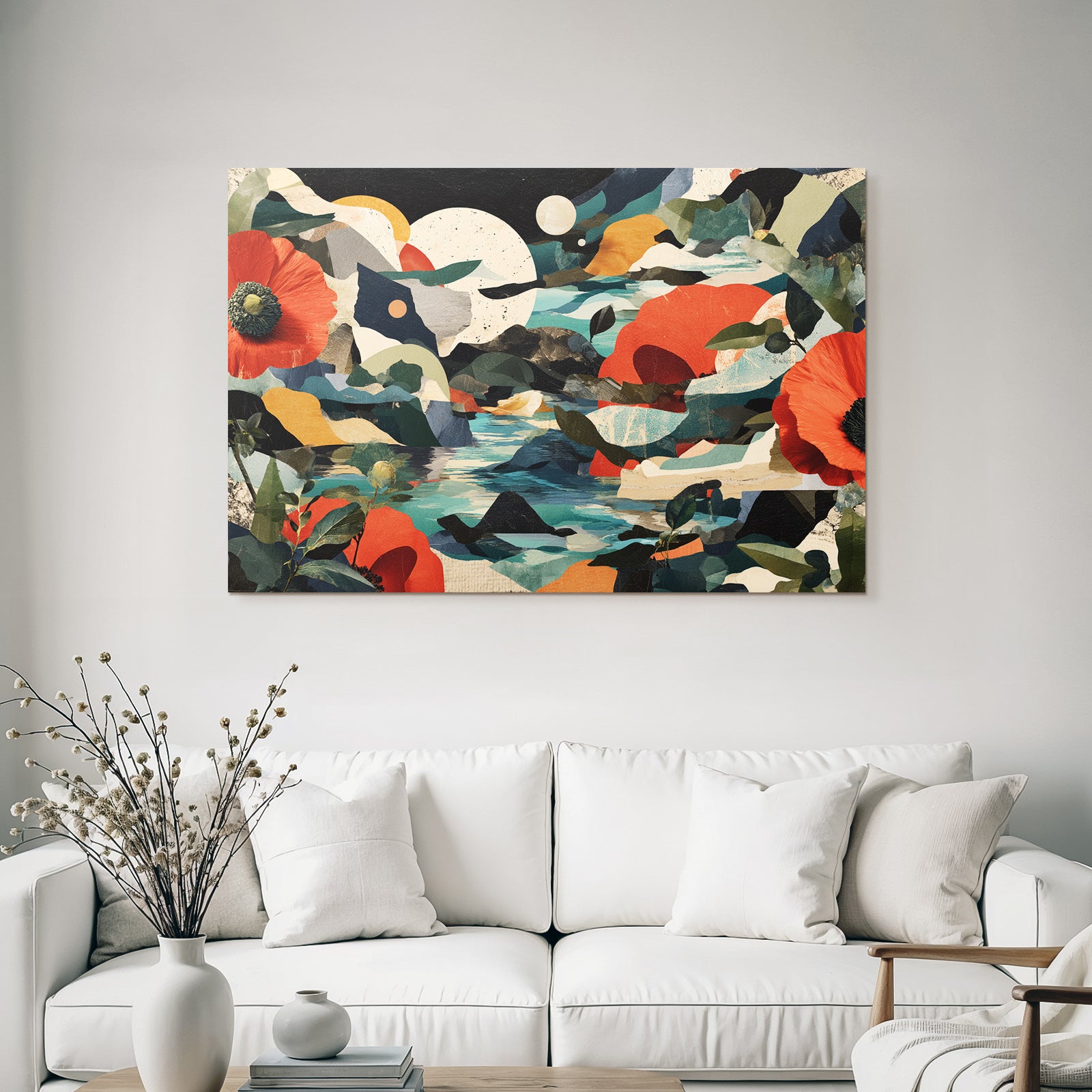 Abstrakte Landschaft Mit Blumen Huegel Und Wasser Kunstwerk