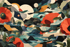 Abstrakte Landschaft Mit Blumen Huegel Und Wasser Kunstwerk | Collagen | Kunstgattungen