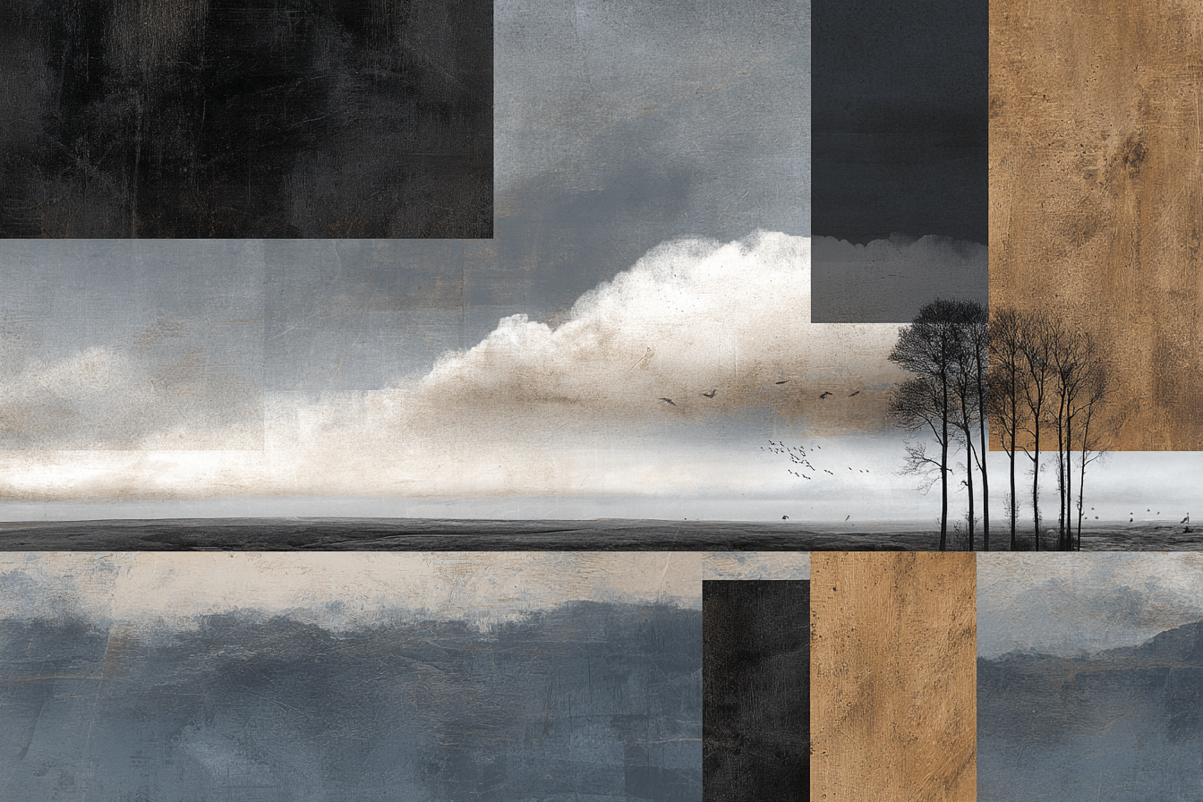 Abstrakte Landschaft Moodige Atmosphaere Silhouetten Und Wasser | Collagen | Kunstgattungen